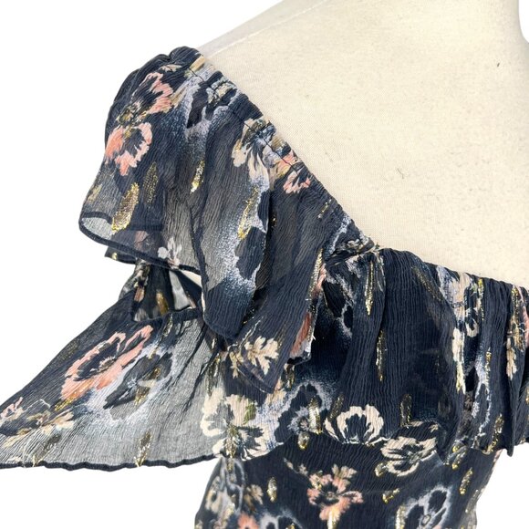 Rebecca Taylor Silk Floral Metallic Double Ruffle One-Shoulder Blue Top Size 6 - Picture 7 of 16